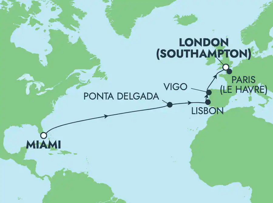 Itinerariu Croaziera Transatlantic Miami spre Southampton - Norwegian Cruise Line - Norwegian Encore - 14 nopti