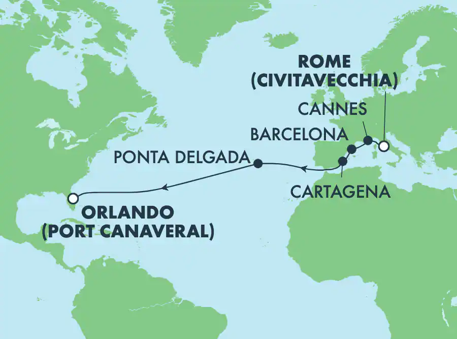 Itinerariu Croaziera Transatlantic Roma spre Port Canaveral - Norwegian Cruise Line - Norwegian Epic - 13 nopti