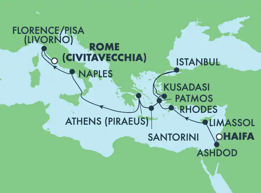 Itinerariu Croaziera Mediterana de Est & Pamantul Sfant - Norwegian Cruise Line - Norwegian Epic - 12 nopti