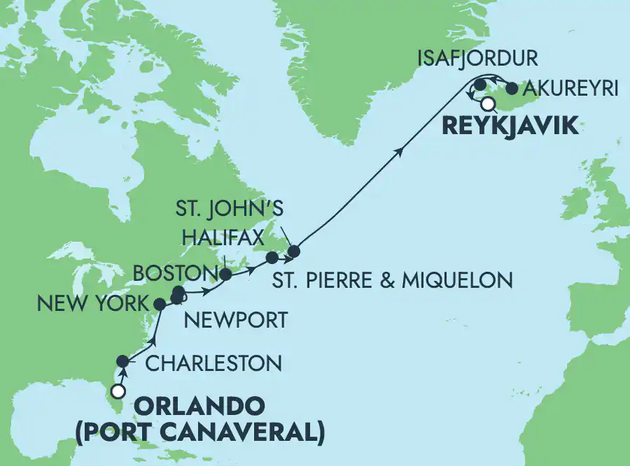Itinerariu Croaziera Transatlantic Port Canaveral spre Reykjavik - Norwegian Cruise Line - Norwegian Jade - 15 nopti