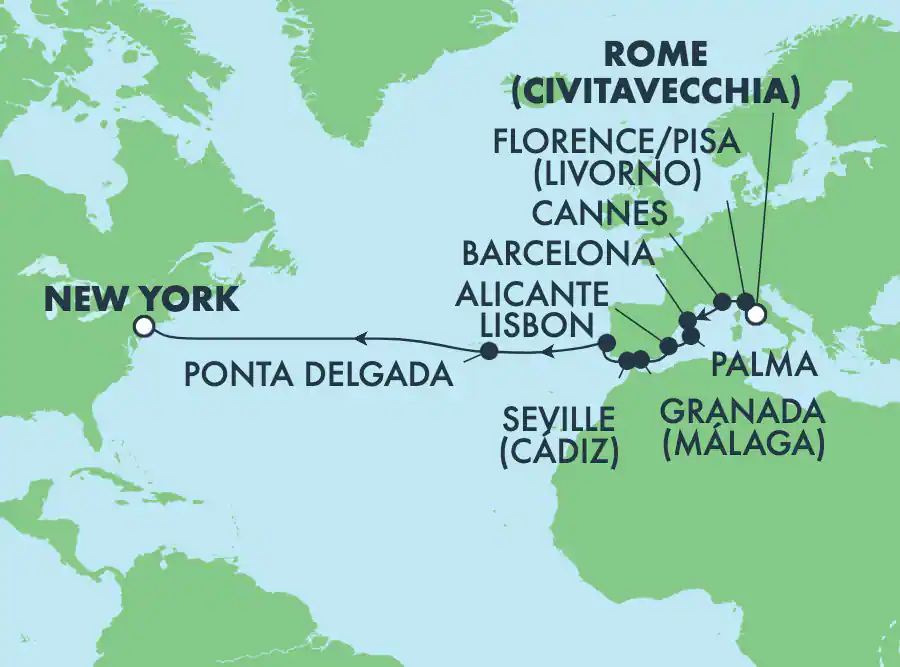 Itinerariu Croaziera Transatlantic Roma spre New York - Norwegian Cruise Line - Norwegian Prima - 16 nopti