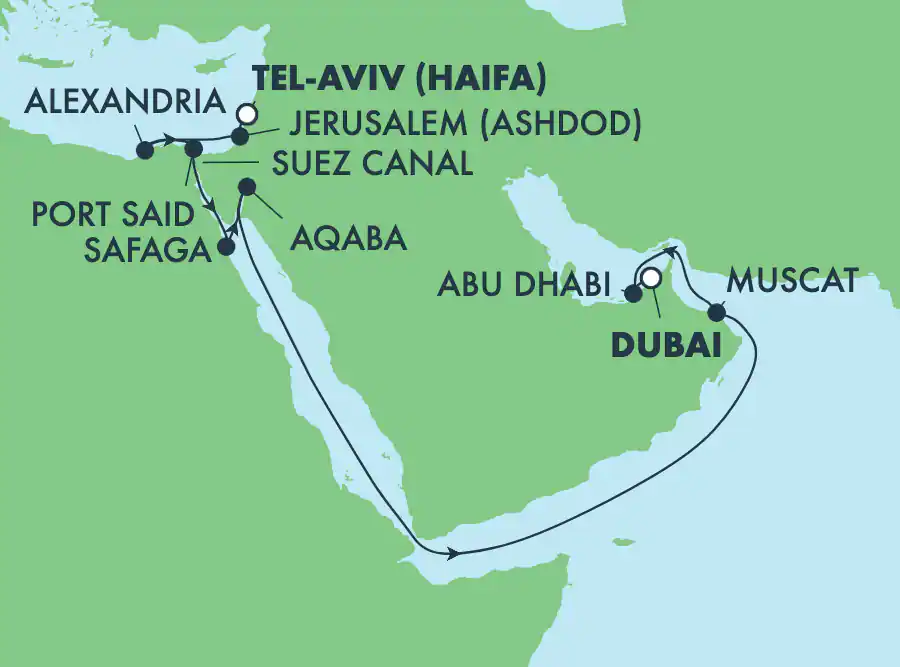 Itinerariu Croaziera Repozitionare Haifa spre Dubai - Norwegian Cruise Line - Norwegian Sky - 16 nopti