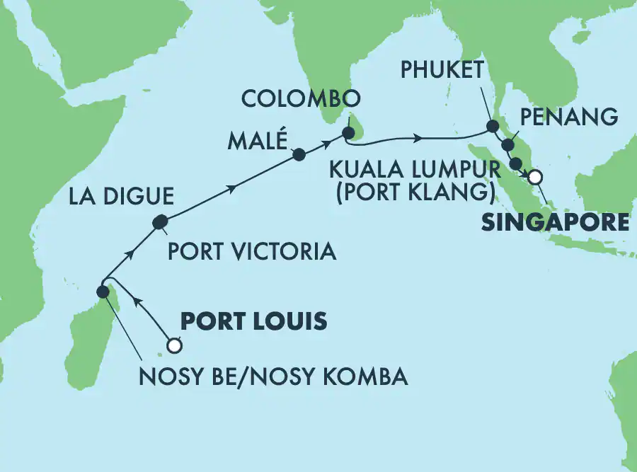 Itinerariu Croaziera Repozitionare Port Louis spre Singapore - Norwegian Cruise Line - Norwegian Sky - 17 nopti