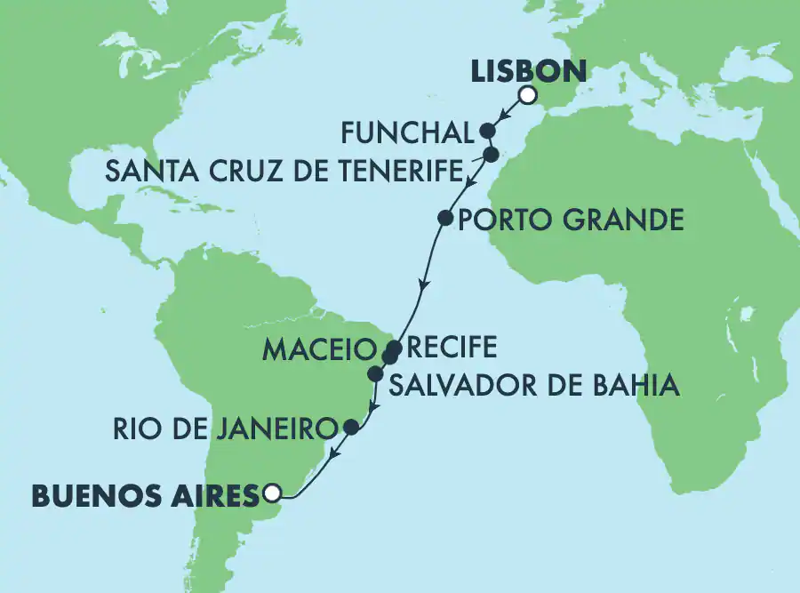 Itinerariu Croaziera Transatlantic Lisabona spre Buenos Aires - Norwegian Cruise Line - Norwegian Star - 17 nopti