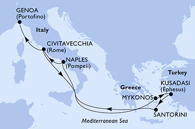 Itinerariu Croaziera Mediterana de Est & Ins.Grecesti - MSC Cruises - MSC Divina - 8 nopti