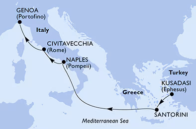 Itinerariu Croaziera Mediterana de Est - MSC Cruises - MSC Divina - 5 nopti