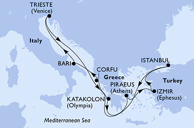 Itinerariu Croaziera Mediterana de Est & Marea Adriatica - MSC Cruises - MSC Fantasia - 9 nopti