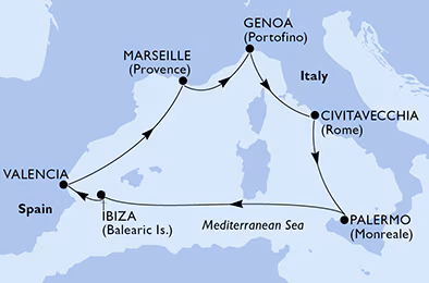 Itinerariu Croaziera Mediterana de Vest - MSC Cruises - MSC Grandiosa - 7 nopti