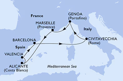 Itinerariu Croaziera Craciun in Mediterana de Vest - MSC Cruises - MSC Magnifica - 8 nopti