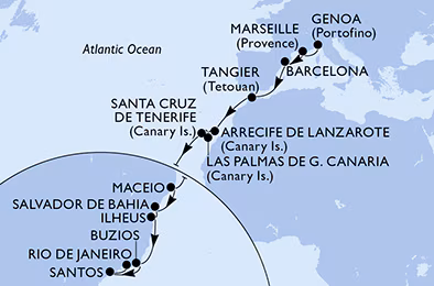 Itinerariu Croaziera Transatlantic Genova spre Rio de Janeiro - MSC Cruises - MSC Orchestra - 20 nopti