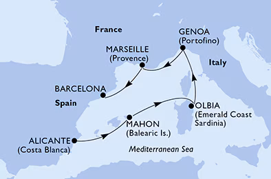 Itinerariu Croaziera Mediterana de Vest - MSC Cruises - MSC Orchestra - 5 nopti