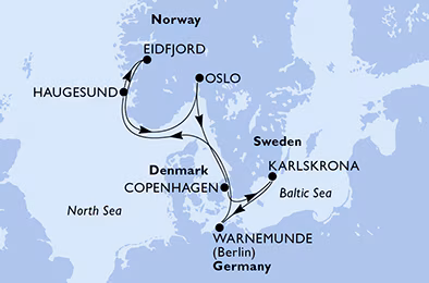 Itinerariu Croaziera Fiordurile Norvegiene - MSC Cruises - MSC Poesia - 8 nopti