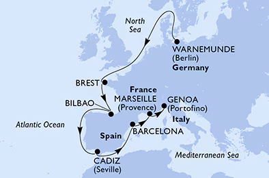 Itinerariu Croaziera Repozitionare Warnemunde spre Genova - MSC Cruises - MSC Poesia - 11 nopti