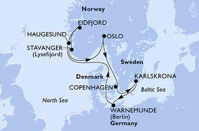 Itinerariu Croaziera Fiordurile Norvegiene - MSC Cruises - MSC Poesia - 8 nopti