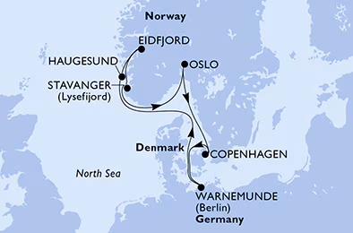Itinerariu Croaziera Fiordurile Norvegiene - MSC Cruises - MSC Poesia - 7 nopti