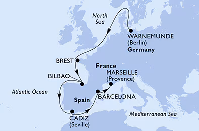 Itinerariu Croaziera Repozitionare Warnemunde spre Marsilia - MSC Cruises - MSC Poesia - 10 nopti