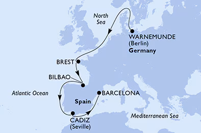 Itinerariu Croaziera Repozitionare Warnemunde spre Barcelona - MSC Cruises - MSC Poesia - 9 nopti