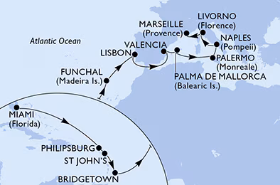 Itinerariu Croaziera Transatlantic Miami spre Marsilia - MSC Cruises - MSC Seaside - 22 nopti