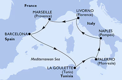 Itinerariu Croaziera Mediterana de Vest - MSC Cruises - MSC Seaside - 7 nopti