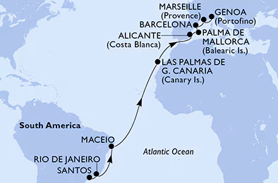 Itinerariu Croaziera Transatlantic Santos spre Genova - MSC Cruises - MSC Seaview - 18 nopti