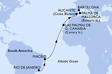 Itinerariu Croaziera Transatlantic Rio de Janeiro spre Barcelona - MSC Cruises - MSC Seaview - 15 nopti
