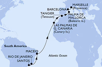 Itinerariu Croaziera Transatlantic Santos spre Marsilia - MSC Cruises - MSC Seaview - 17 nopti