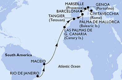 Itinerariu Croaziera Transatlantic Rio de Janeiro spre Roma - MSC Cruises - MSC Seaview - 18 nopti