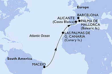 Itinerariu Croaziera Transatlantic Maceio spre Barcelona - MSC Cruises - MSC Seaview - 12 nopti