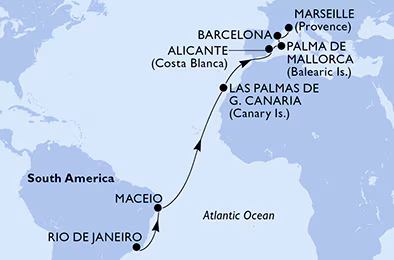 Itinerariu Croaziera Transatlantic Rio de Janeiro spre Marsilia - MSC Cruises - MSC Seaview - 16 nopti