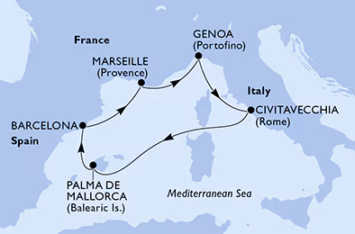 Itinerariu Croaziera Mediterana de Vest - MSC Cruises - MSC Seaview - 6 nopti