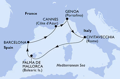Itinerariu Croaziera Mediterana de Vest - MSC Cruises - MSC Seaview - 6 nopti