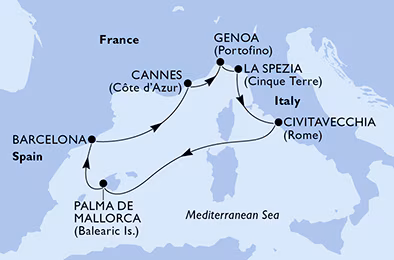 Itinerariu Croaziera Mediterana de Vest - MSC Cruises - MSC Seaview - 7 nopti