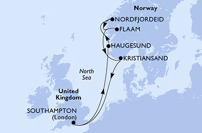 Itinerariu Croaziera Fiordurile Norvegiene - MSC Cruises - MSC Virtuosa - 7 nopti