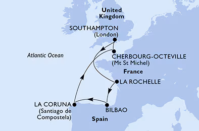 Itinerariu Croaziera Oc.Atlantic - MSC Cruises - MSC Virtuosa - 7 nopti
