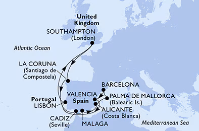 Itinerariu Croaziera Mediterana de Vest & Oc.Atlantic - MSC Cruises - MSC Virtuosa - 14 nopti