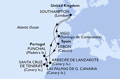 Itinerariu Croaziera Insulele Canare - MSC Cruises - MSC Virtuosa - 12 nopti