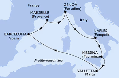 Itinerariu Croaziera Mediterana de Vest - MSC Cruises - MSC World Europa - 7 nopti