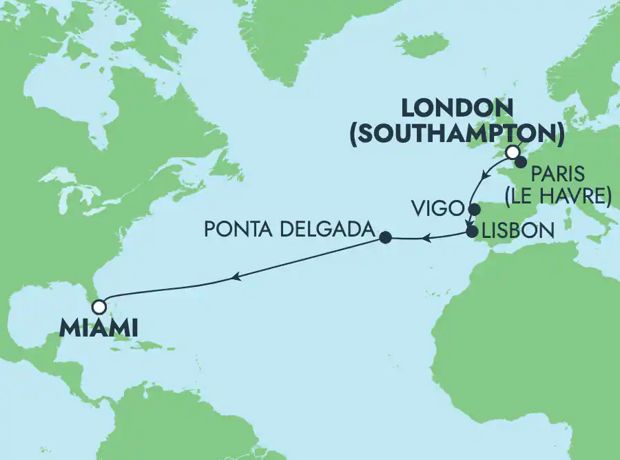 Itinerariu Croaziera Transatlantic Southampton spre Miami - Norwegian Cruise Line - Norwegian Bliss - 13 nopti