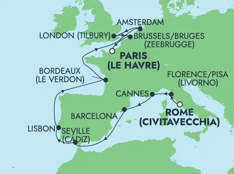 Itinerariu Croaziera Mediterana de Vest & Oc.Atlantic - Norwegian Cruise Line - Norwegian Dawn - 13 nopti