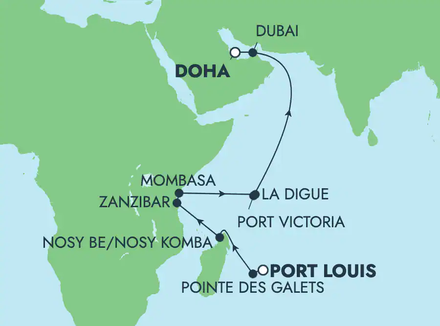 Itinerariu Croaziera Repozitionare Port Louis spre Doha - Norwegian Cruise Line - Norwegian Dawn - 16 nopti