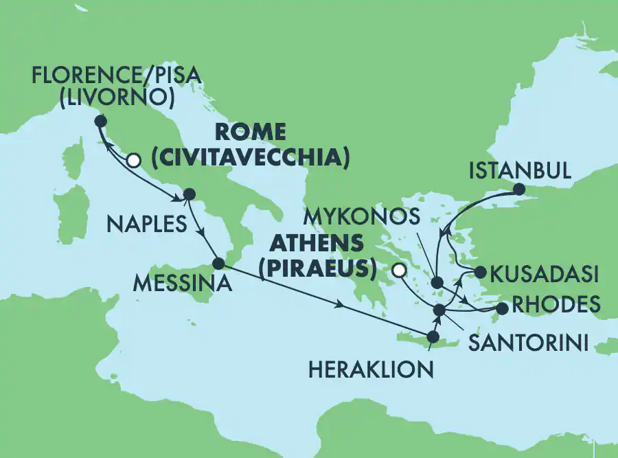 Itinerariu Croaziera Mediterana de Vest & Ins.Grecesti - Norwegian Cruise Line - Norwegian Pearl - 11 nopti