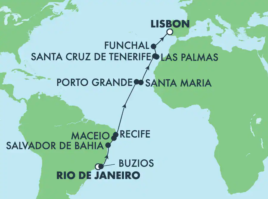 Itinerariu Croaziera Transatlantic Rio de Janeiro spre Lisabona - Norwegian Cruise Line - Norwegian Star - 16 nopti