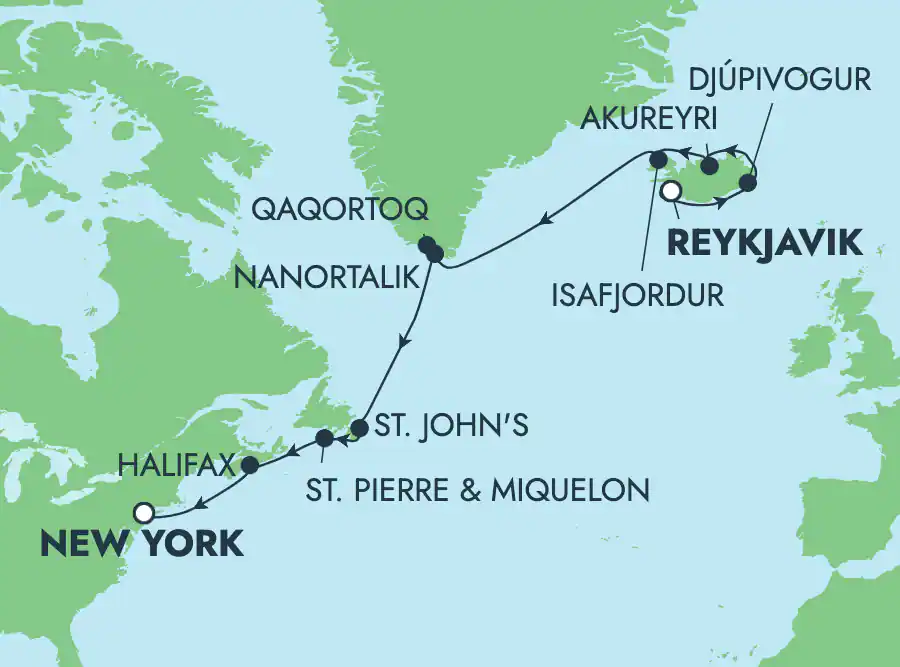 Itinerariu Croaziera Transatlantic Reykjavik spre New York - Norwegian Cruise Line - Norwegian Star - 12 nopti