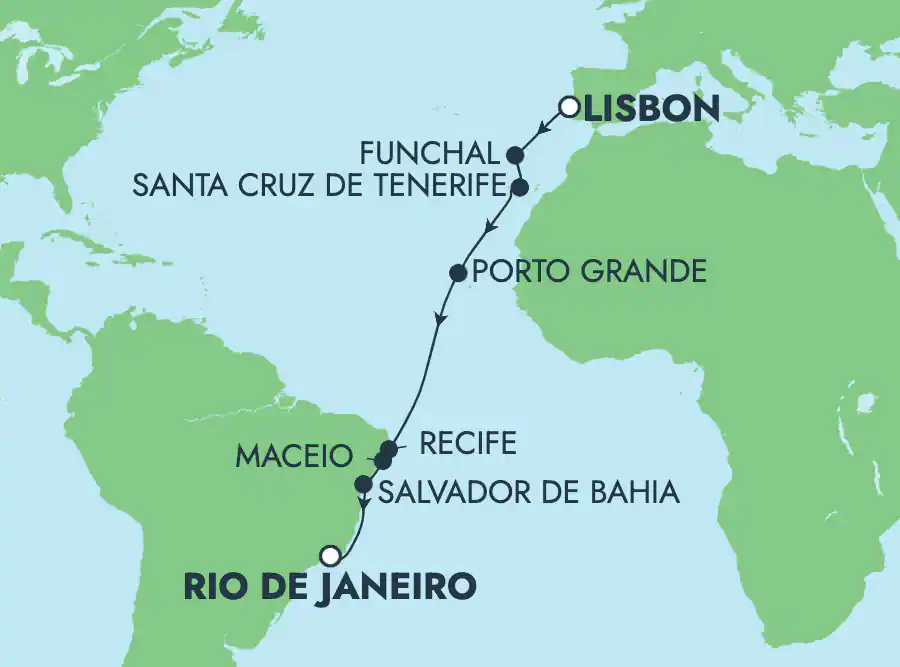 Itinerariu Croaziera Transatlantic Lisabona spre Rio de Janeiro - Norwegian Cruise Line - Norwegian Star - 14 nopti