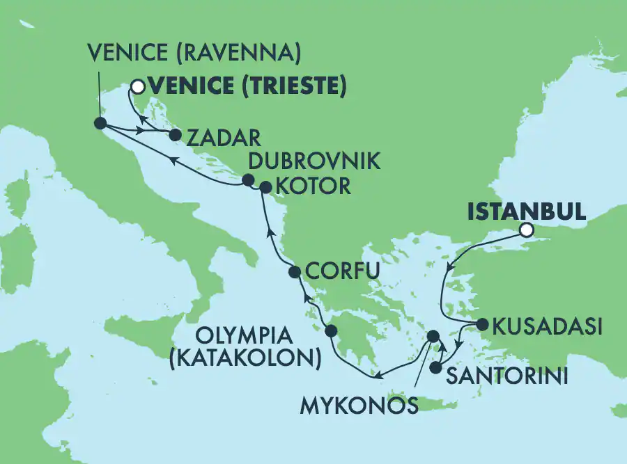 Itinerariu Croaziera Marea Adriatica & Ins.Grecesti - Norwegian Cruise Line - Norwegian Viva - 10 nopti