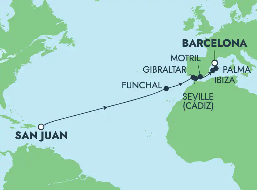 Itinerariu Croaziera Transatlantic San Juan spre Barcelona - Norwegian Cruise Line - Norwegian Epic - 14 nopti