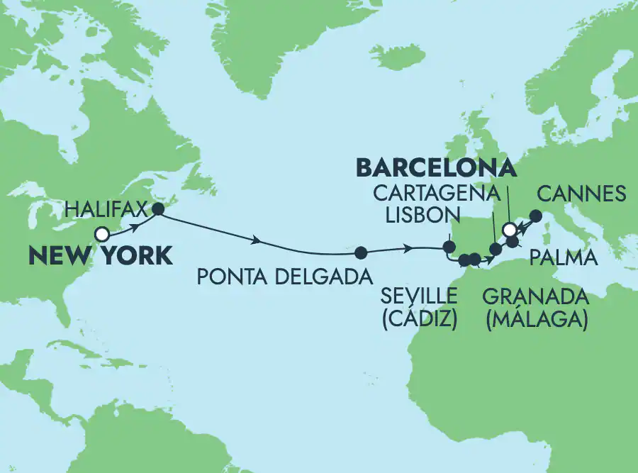 Itinerariu Croaziera Transatlantic New York spre Barcelona - Norwegian Cruise Line - Norwegian Gem - 15 nopti