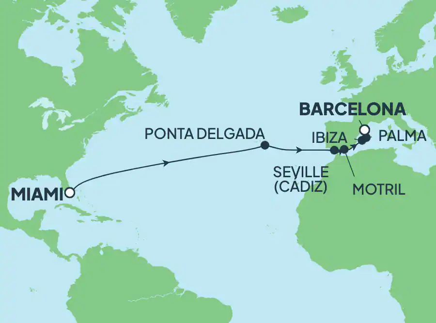 Itinerariu Croaziera Transatlantic Miami spre Barcelona - Norwegian Cruise Line - Norwegian Pearl - 15 nopti