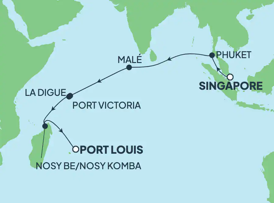 Itinerariu Croaziera Repozitionare Singapore spre Port Louis - Norwegian Cruise Line - Norwegian Sun - 16 nopti