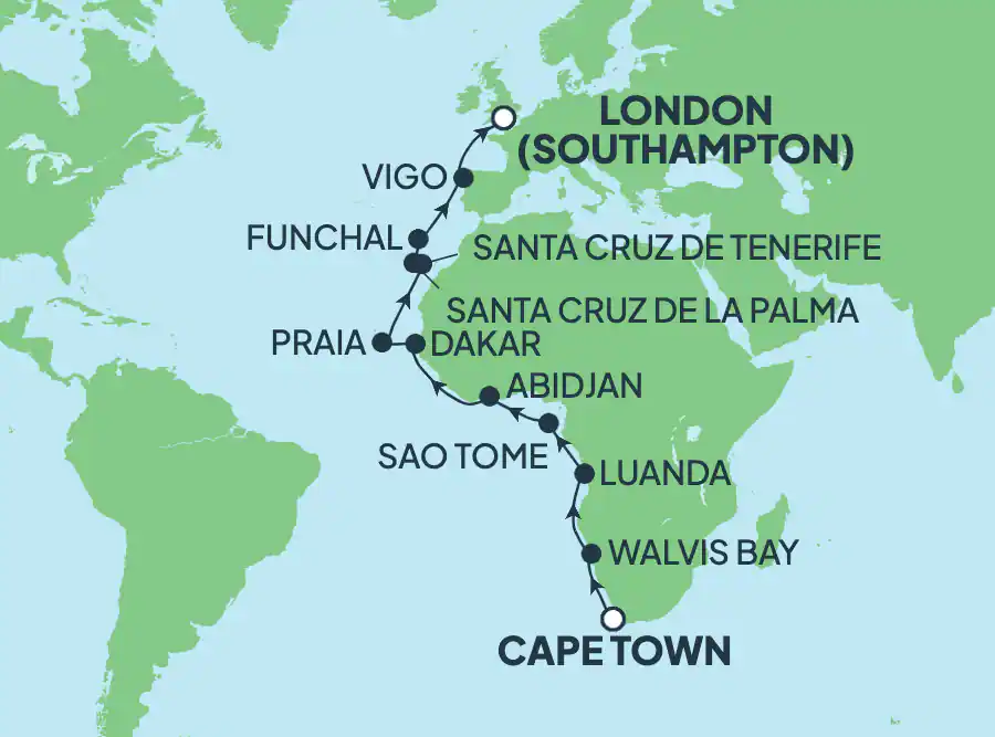Itinerariu Croaziera Repozitionare Cape Town spre Southampton - Norwegian Cruise Line - Norwegian Sun - 22 nopti